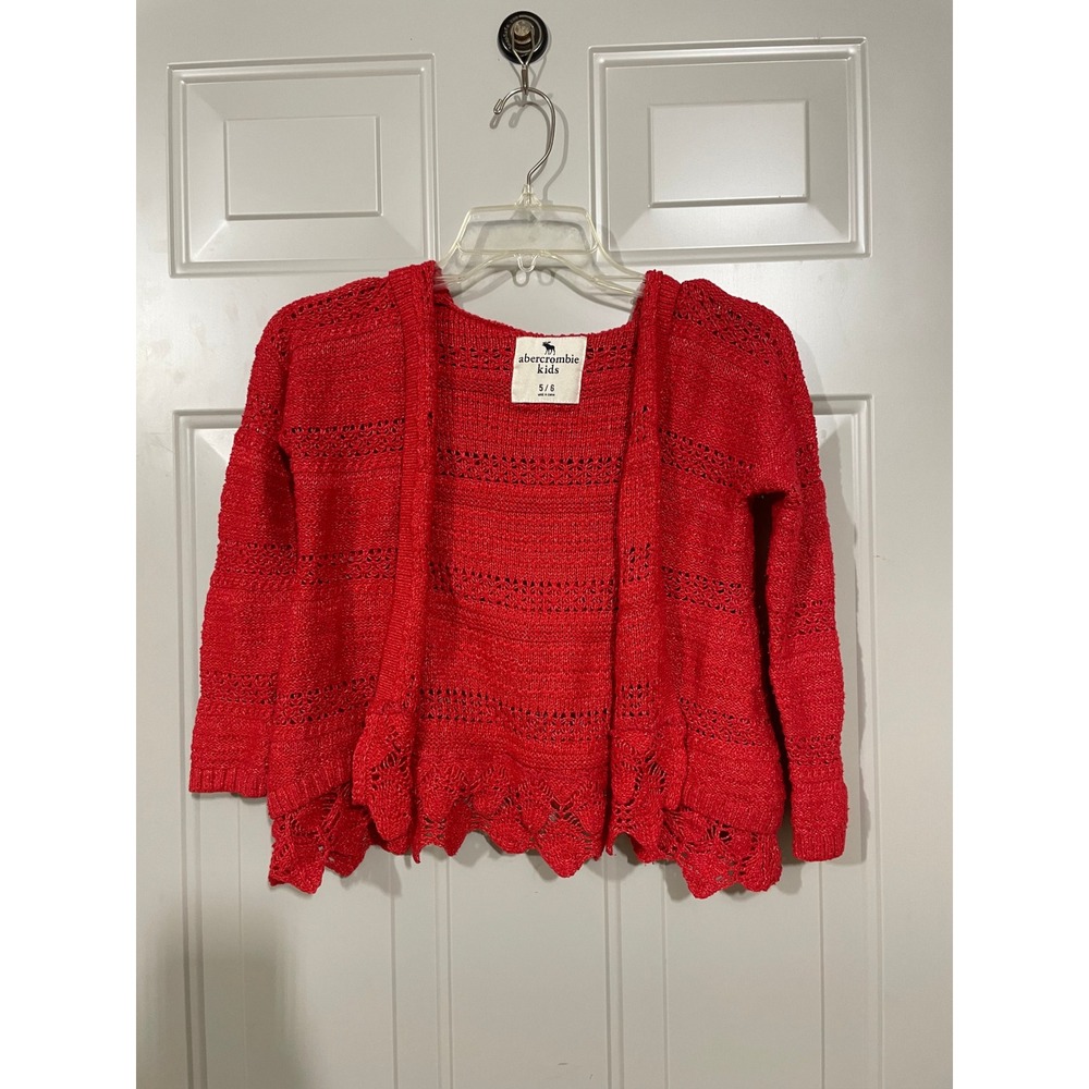 Abercrombie Kids Cardigan Girls 5/6 Red Excellent Pointelle Hooded Scalloped Hem